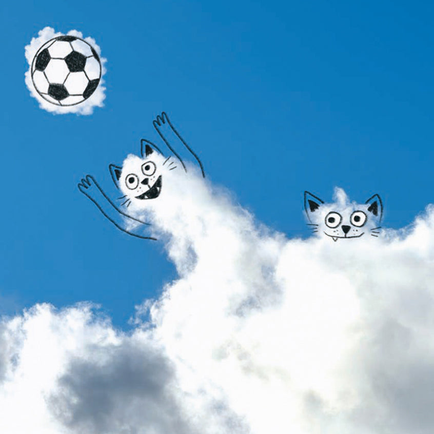 Two cats playing with a soccer ball in the sky.