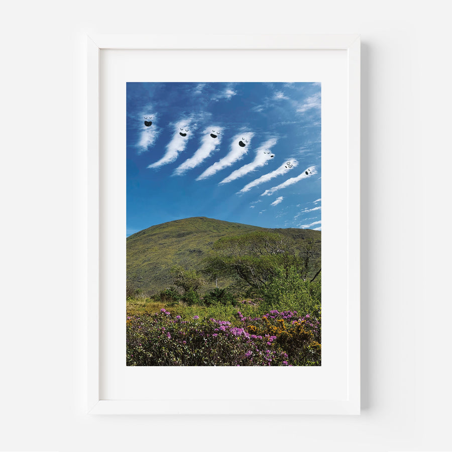 Artwork of a mountain landscape with clouds in the sky.