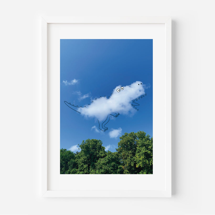 Artwork of a cloud shaped dinosaur with a blue sky and trees in the background.