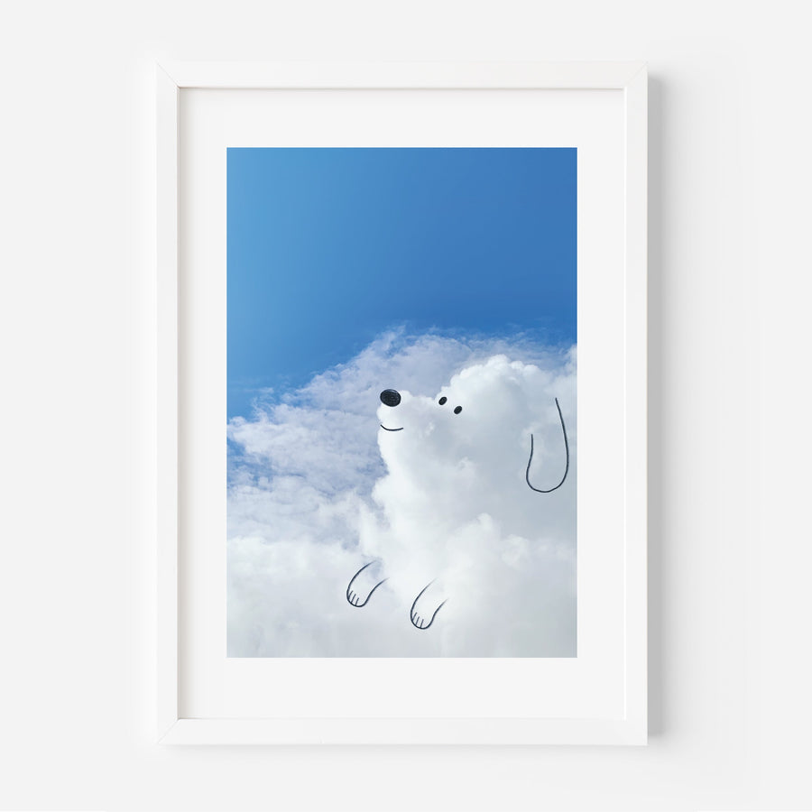 Artwork of a dog peeking out from behind clouds with a blue sky.