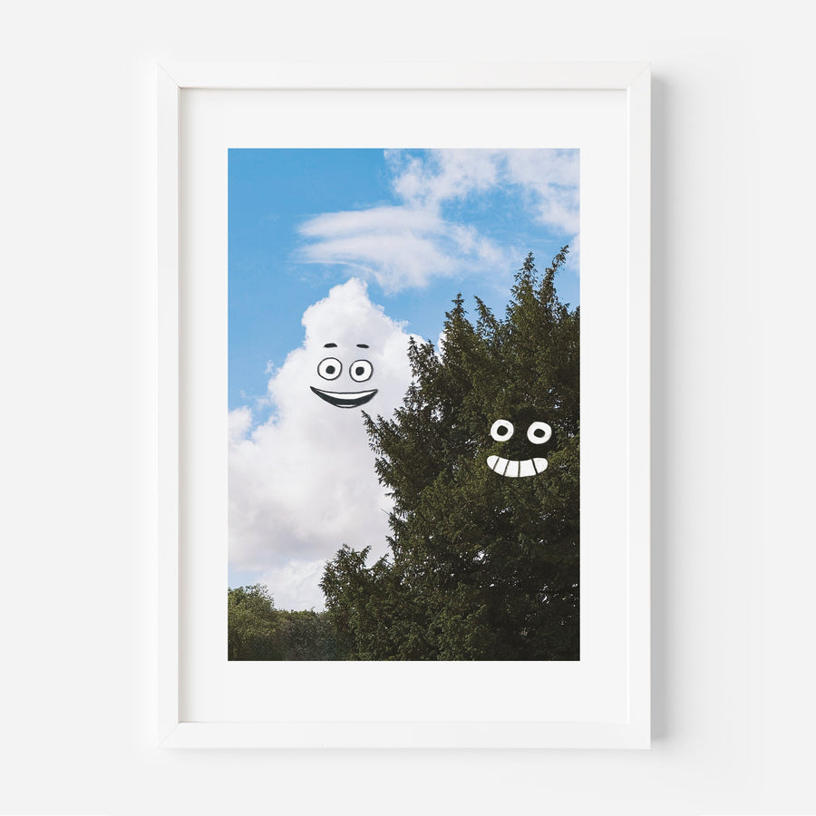 Artwork with a cloud and tree with happy faces against a blue sky.