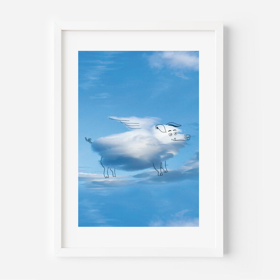 Atwork of a cloud-shaped pig against a blue sky.